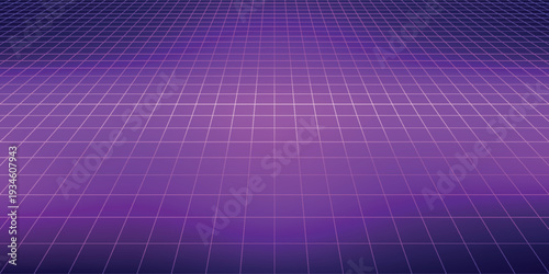 Neon wireframe horizon background. Light pink grid room floor in perspective. Glow magenta retro futuristic wallpaper. Abstract checkered plane landscape. Neon game floor surface. Vector backdrop