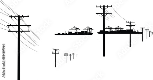 Surreal utility poles, cargo ships silhouettes, industrial cranes, power lines perspective, maritime infrastructure, creative urban industrial art