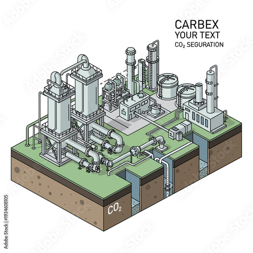 Isometric illustration of a Carbex CO2 sequestration plant, showcasing industrial infrastructure for carbon capture and underground storage.