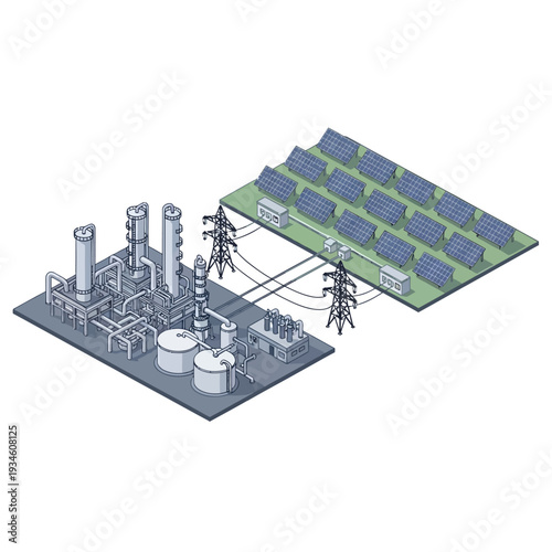 Illustration of a hybrid power plant combining a fossil fuel facility with a solar energy farm, showcasing energy infrastructure and renewable technology integration.