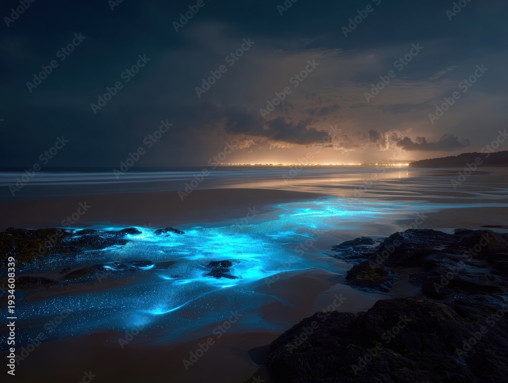 Naklejka premium Bioluminescent waves glowing on a dark beach at night