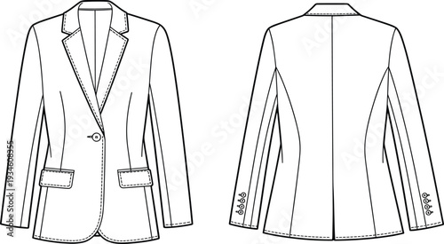 Tailored blazer fashion illustration, technical garment sketch, front and back view, single breasted jacket design, sewing pattern drawing, clothing design template