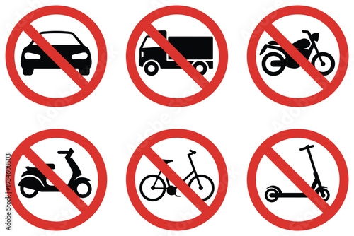 Free Download No vehicle entry sign vector set featuring prohibited transport icons, red circle with line symbols, perfect for traffic safety, road signs, urban planning, and vector illustration projects. - GFXLoad