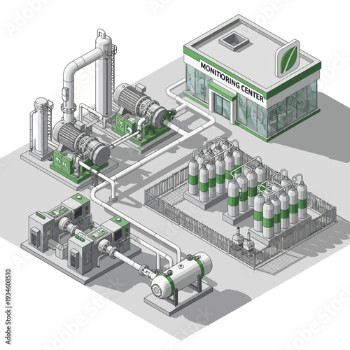 Isometric illustration of a modern industrial facility with a monitoring center, showcasing advanced machinery, storage tanks, and a clean energy system.