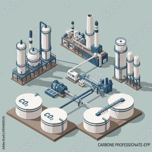 Isometric illustration of a carbon capture and utilization plant with storage tanks, processing units, and power generation facilities.