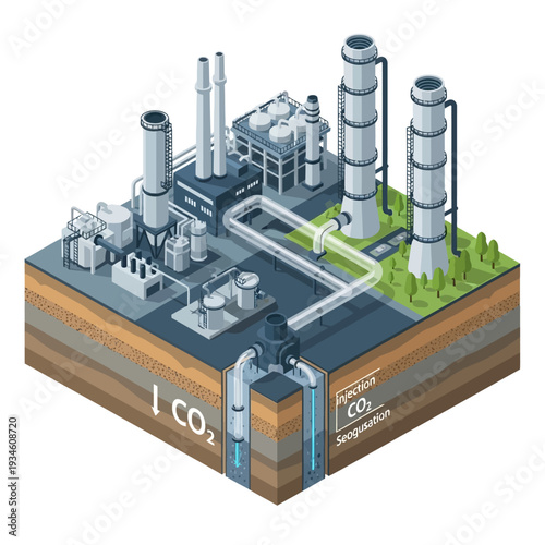 Illustration of a carbon capture and storage facility, showing industrial processes and underground CO2 injection for sequestration.