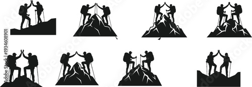 Teamwork hiking silhouettes on mountain peak, adventure climbers high five celebration, trekking success concept, mountaineering partnership achievement illustration vector