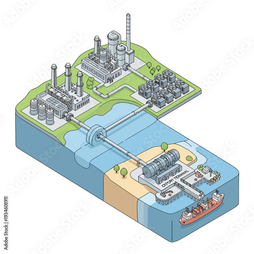 Diagram illustrating the process of a liquefied natural gas (LNG) import terminal, showing the offshore receiving facility, subsea pipeline, and onshore regasification plant.