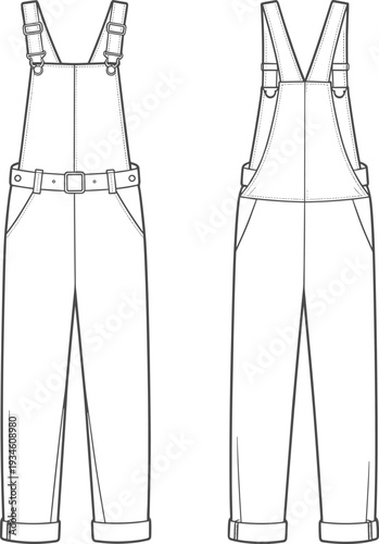Technical fashion illustration, overalls front and back view, adjustable straps, belted waist, cuffed pants, garment design, pattern sketch