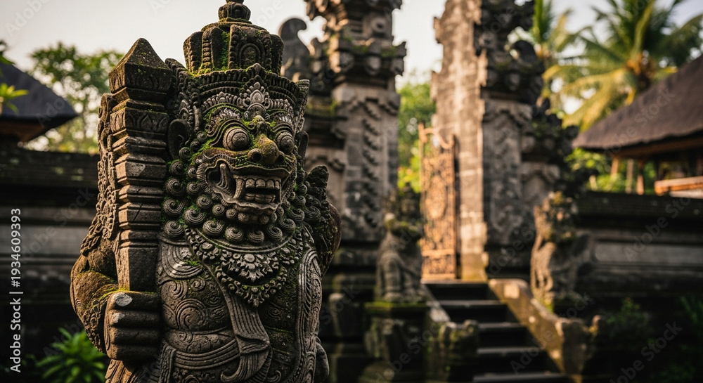 Obraz premium Detailed view of a carved stone guardian figure adorned with intricate ornaments and green moss inside a Balinese temple complex.