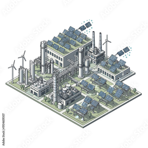 An industrial complex powered by renewable energy sources, featuring solar panels and wind turbines integrated with factory buildings.
