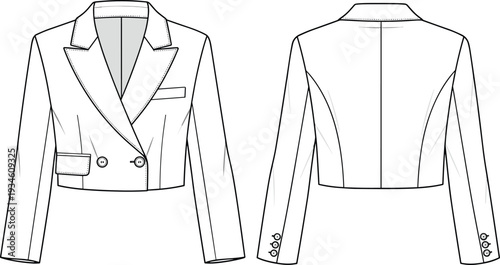 Technical Flat Sketch of Women's Cropped Double-Breasted Blazer with Peak Lapel, Welt