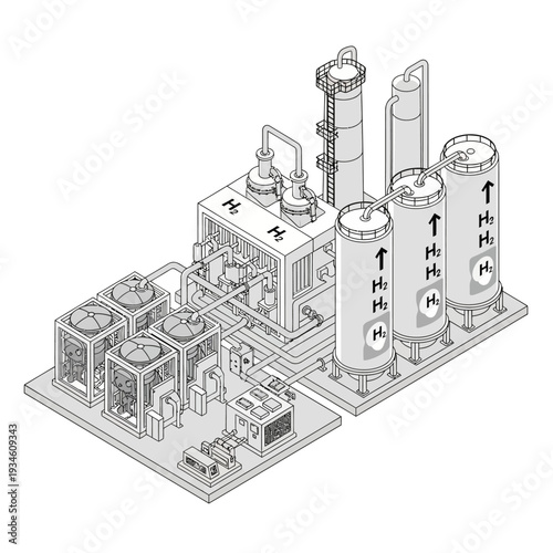Isometric illustration of a compact hydrogen production and storage facility, showcasing advanced industrial equipment and infrastructure for clean energy.