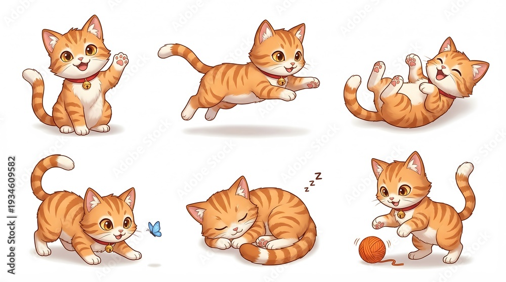 Obraz premium Cat Character Set Orange Cat Playing and Sleeping in Various Cartoon Poses