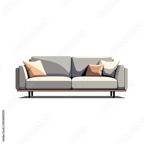 Modern minimalist gray sofa with throw pillows on white background.