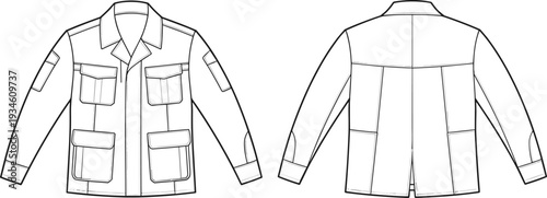 Technical flat sketch, jacket fashion design, women’s outerwear garment, vector illustration, CAD drawing, apparel template, clothing pattern, pocket epaulet vent detail