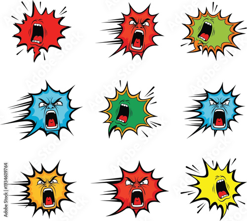 Vector illustration of colorful comic explosion speech bubbles with various emotions