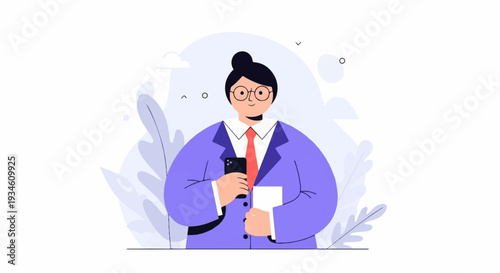 Stylish person in a suit with glasses holding a phone and a note