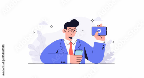 A man in a suit holds two phones, one displaying a play button on its screen