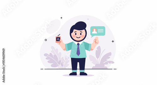 Cheerful cartoon man in teal shirt holding device and thought bubble