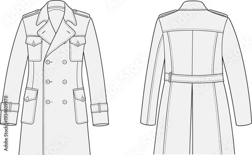 Technical flat sketch, trench coat fashion design, women’s outerwear garment, vector illustration, CAD drawing, apparel template, clothing pattern, belted double breasted style