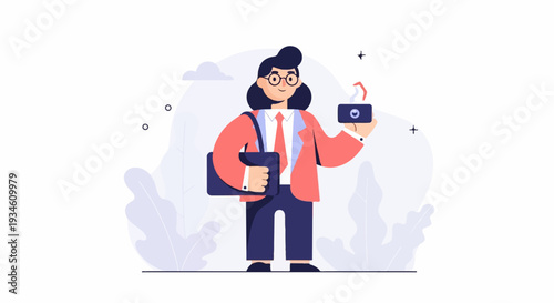 Stylized figure in business attire holds a camera, with abstract foliage and celestial shapes in background