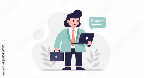A person in business attire holding a laptop and briefcase, with a communication bubble above