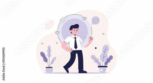 Confident person in formal attire, surrounded by abstract shapes and plants, with a checkmark of success