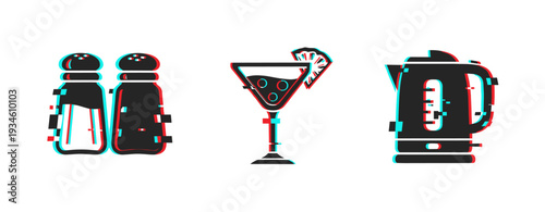 Salt shakers cocktail glass and electric kettle icons set. Glitch effect
