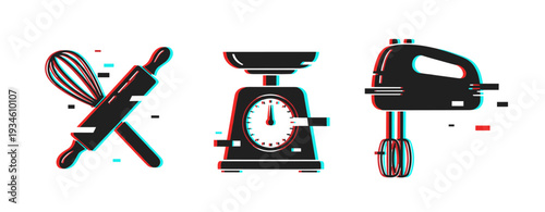 Baking utensils arranged with kitchen scale and electric mixer. Glitch effect