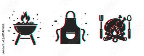 Barbecue icons illustrating grilling and cooking in outdoor setting. Glitch effect