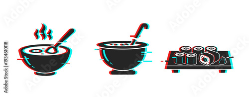 Icons depicting soup bowls and sushi assortment on white background. Glitch effect
