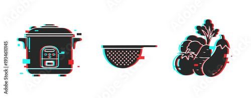 Rice cooker colander and vegetables displayed on white background. Glitch effect