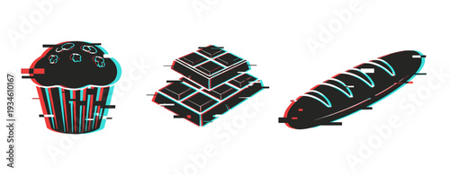 Muffin chocolate bars and baguette bakery food icons on white. Glitch effect