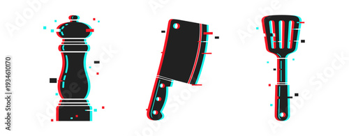 Pepper grinder cleaver and spatula kitchen tool icons. Glitch effect