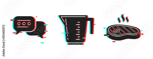 Chat bubble measuring jug and steak icons on white background. Glitch effect