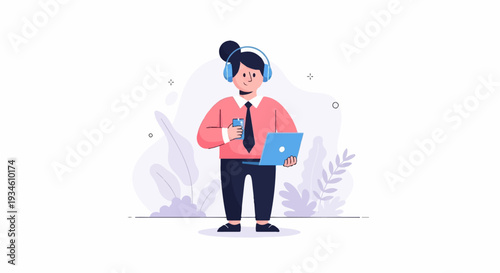 Person with headphones, holding phone and laptop, surrounded by abstract foliage