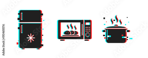 Refrigerator microwave and cooking pot emitting steam on white. Glitch effect