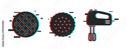 Baking icons depicting waffle cookie and mixer for kitchen preparation. Glitch effect