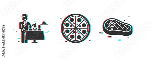Restaurant food icons including waiter pizza and steak symbols. Glitch effect