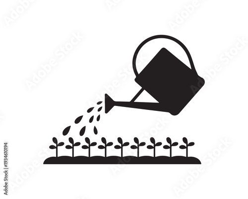 Black silhouette of a watering can pouring water onto small green seedlings growing in a row on white background Keywords
