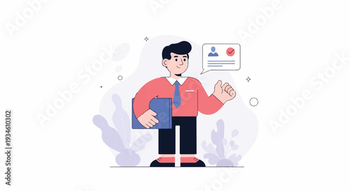 A man in a red shirt and tie holds a blue folder and gives a thumbs-up gesture, with a chat bubble indicating approval