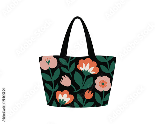 Black tote bag with a vibrant floral pattern featuring pink and orange flowers and green leaves on white background Keywords