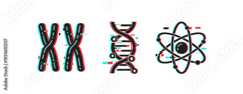 Genetic and atomic symbols displayed in flat glitch icons. Glitch effect