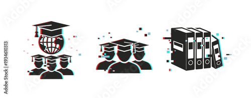 Graduation globe, graduates and office binders presented as icons. Glitch effect