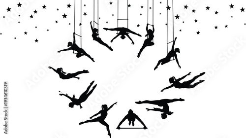 Acrobat silhouettes performing aerial stunts, trapeze vector illustration, dynamic circus design elements, artistic lifestyle profiles with celestial stars