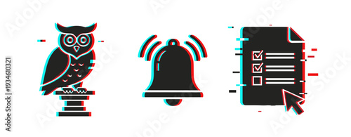 Owl bell checklist icons representing alerts and tasks. Glitch effect