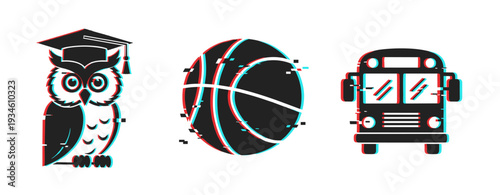 Owl basketball and school bus icons presented with glitch on white background. Glitch effect