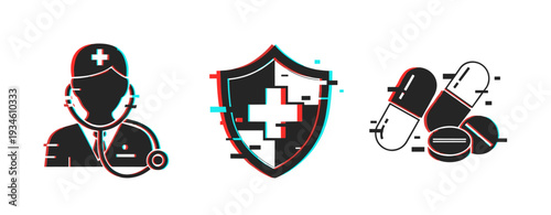 Medical icons showing protection and medication on white background. Glitch effect