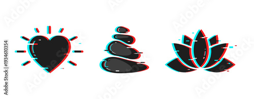 Wellness icons set displayed glitching on white background. Glitch effect